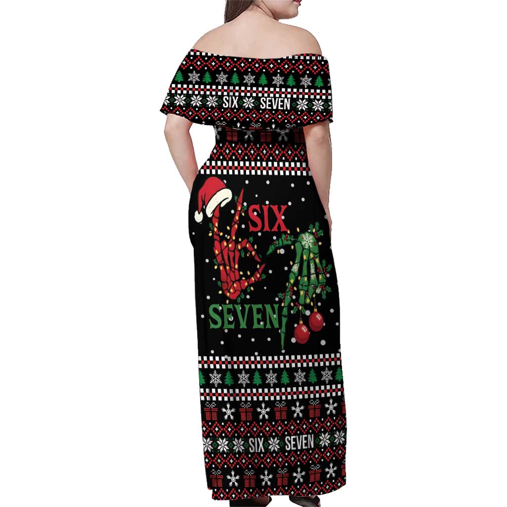 Funny Six Seven Skeleton Hand Family Matching Off Shoulder Maxi Dress and Hawaiian Shirt Meme Gen Alpha Slang - Wonder Print Shop