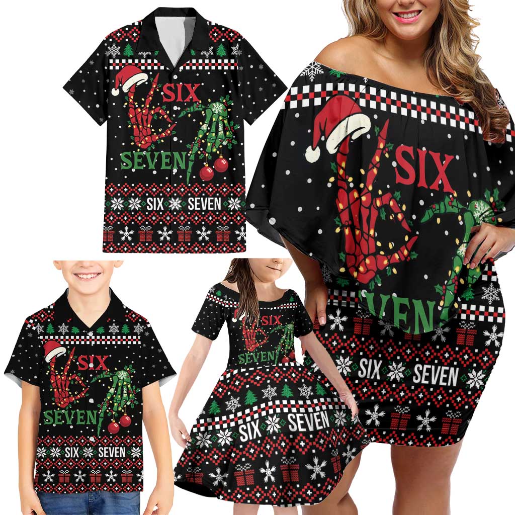 Funny Six Seven Skeleton Hand Family Matching Off Shoulder Short Dress and Hawaiian Shirt Meme Gen Alpha Slang - Wonder Print Shop