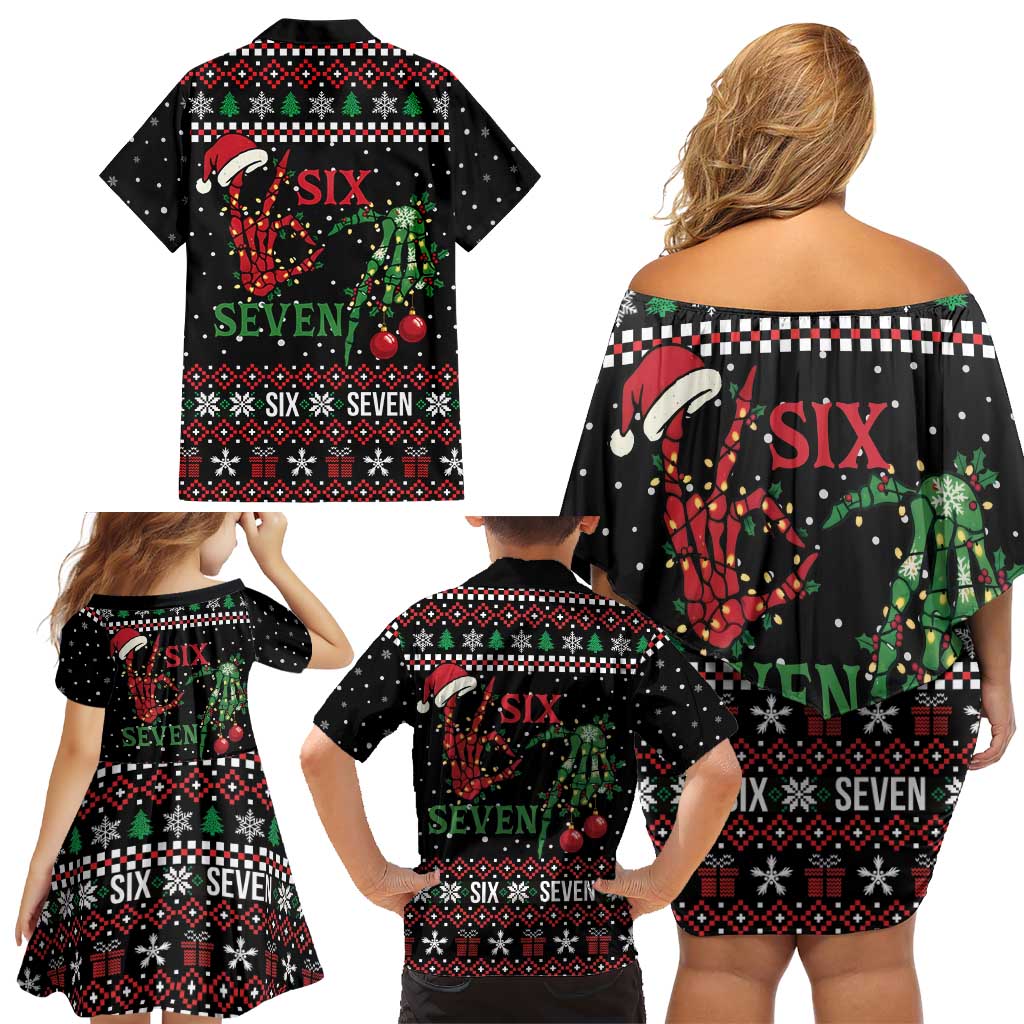 Funny Six Seven Skeleton Hand Family Matching Off Shoulder Short Dress and Hawaiian Shirt Meme Gen Alpha Slang - Wonder Print Shop