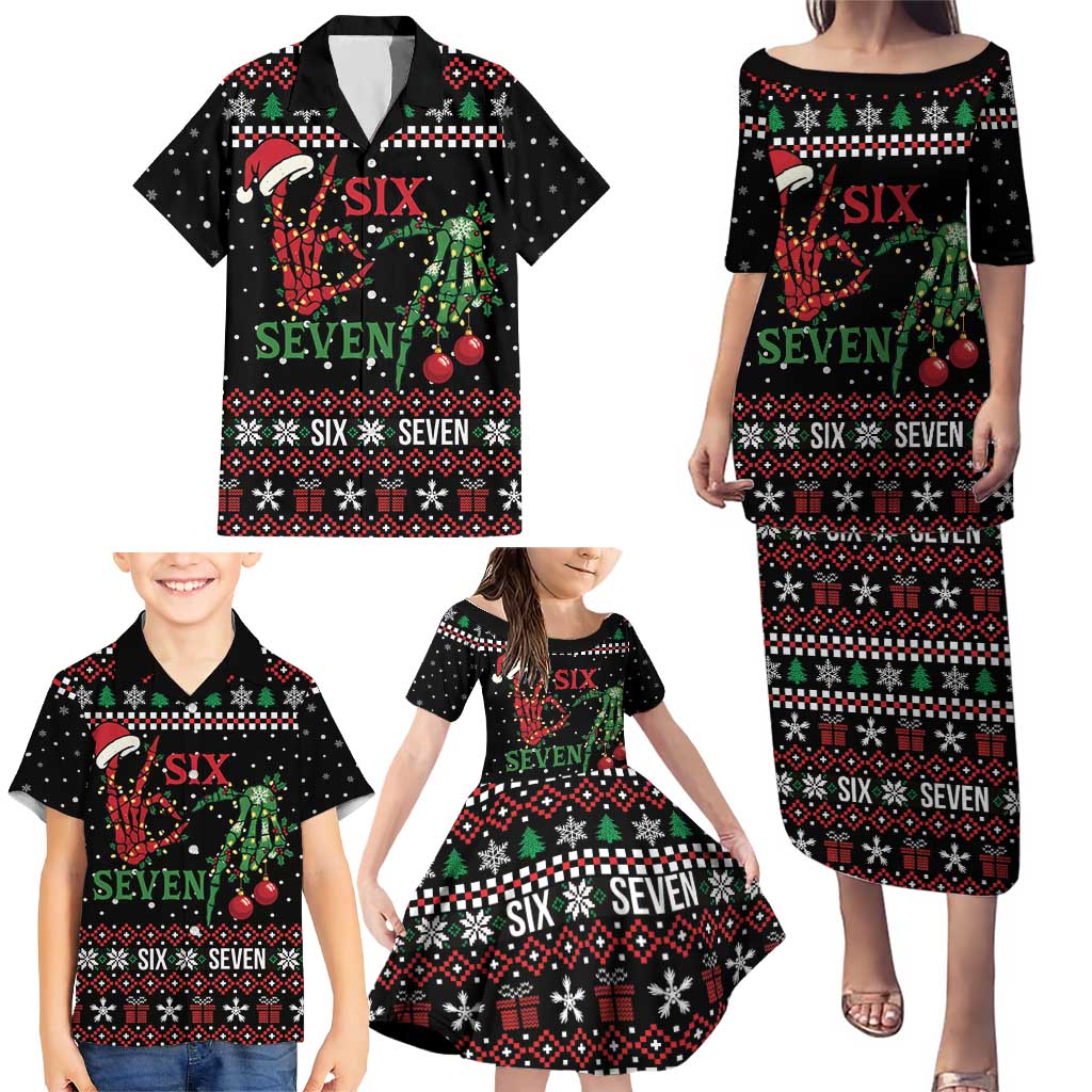 Funny Six Seven Skeleton Hand Family Matching Puletasi and Hawaiian Shirt Meme Gen Alpha Slang - Wonder Print Shop