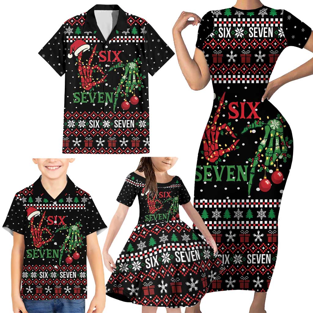 Funny Six Seven Skeleton Hand Family Matching Short Sleeve Bodycon Dress and Hawaiian Shirt Meme Gen Alpha Slang - Wonder Print Shop