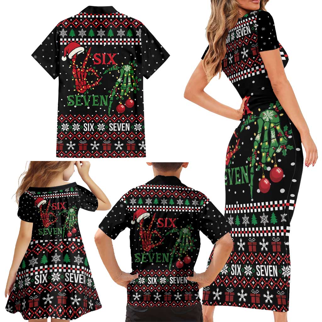 Funny Six Seven Skeleton Hand Family Matching Short Sleeve Bodycon Dress and Hawaiian Shirt Meme Gen Alpha Slang - Wonder Print Shop