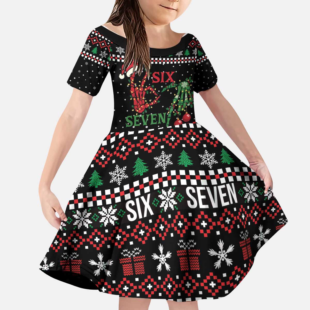 Funny Six Seven Skeleton Hand Kid Short Sleeve Dress Meme Gen Alpha Slang - Wonder Print Shop