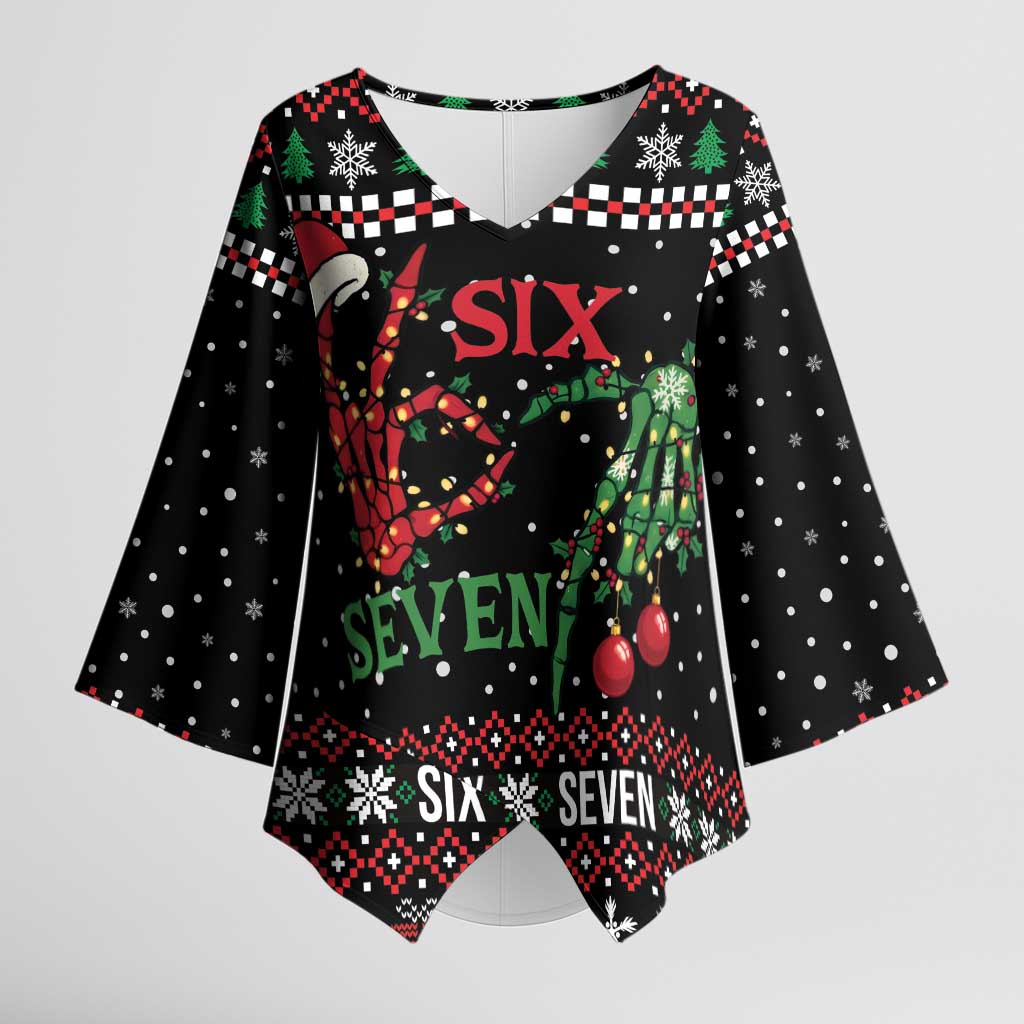 Funny Six Seven Skeleton Hand Kimono Sleeve Blouse Meme Gen Alpha Slang - Wonder Print Shop