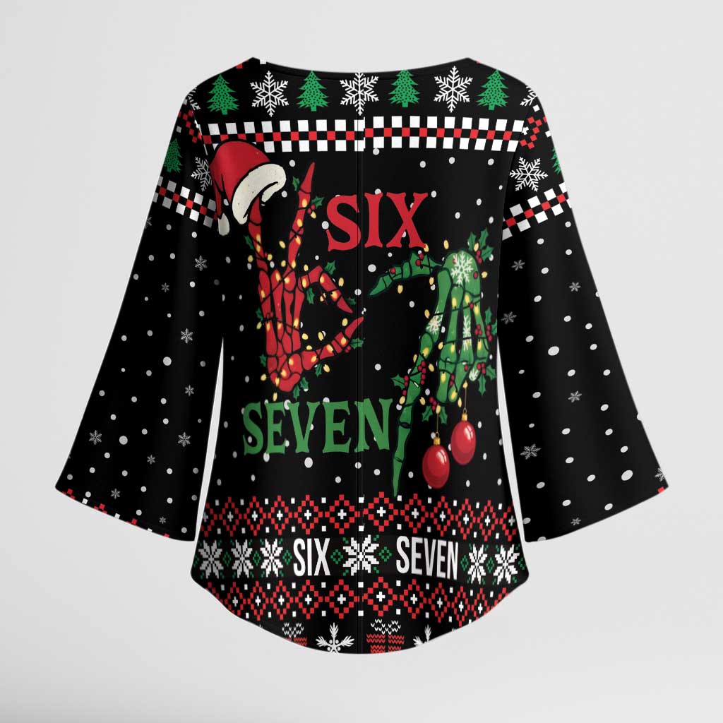 Funny Six Seven Skeleton Hand Kimono Sleeve Blouse Meme Gen Alpha Slang - Wonder Print Shop