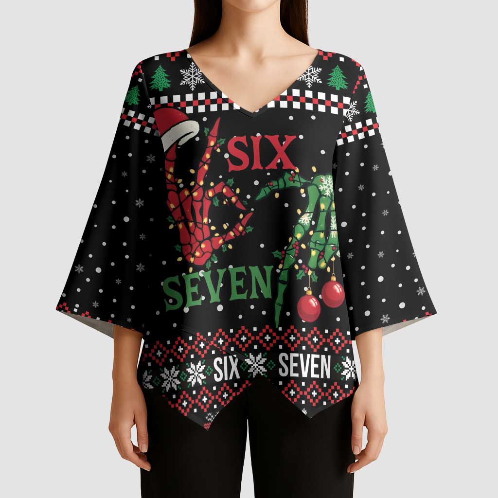 Funny Six Seven Skeleton Hand Kimono Sleeve Blouse Meme Gen Alpha Slang - Wonder Print Shop