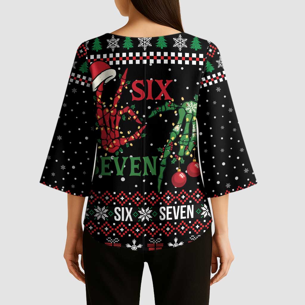 Funny Six Seven Skeleton Hand Kimono Sleeve Blouse Meme Gen Alpha Slang - Wonder Print Shop