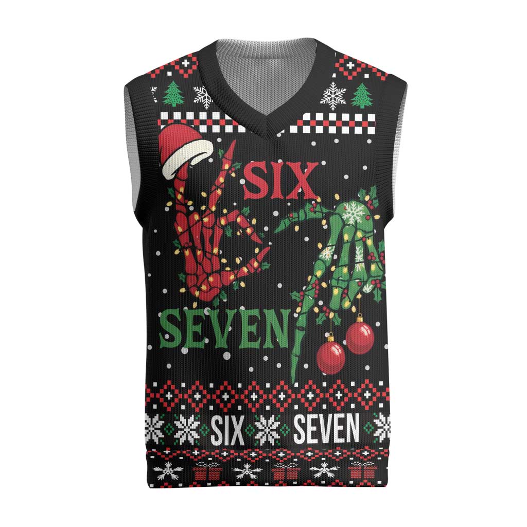 Funny Six Seven Skeleton Hand Christmas Knitted V-Neck Vest Meme Gen Alpha Slang - Wonder Print Shop
