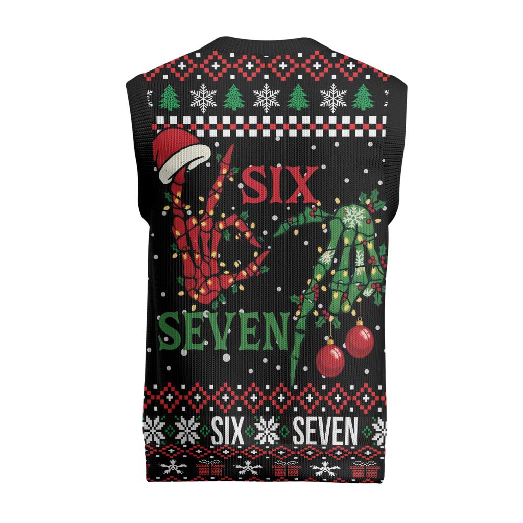 Funny Six Seven Skeleton Hand Christmas Knitted V-Neck Vest Meme Gen Alpha Slang - Wonder Print Shop