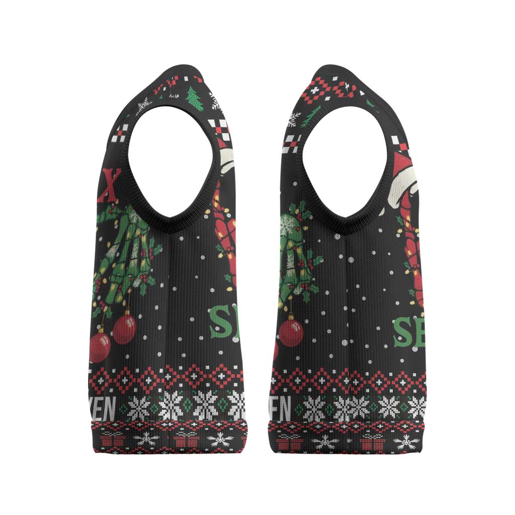 Funny Six Seven Skeleton Hand Christmas Knitted V-Neck Vest Meme Gen Alpha Slang - Wonder Print Shop