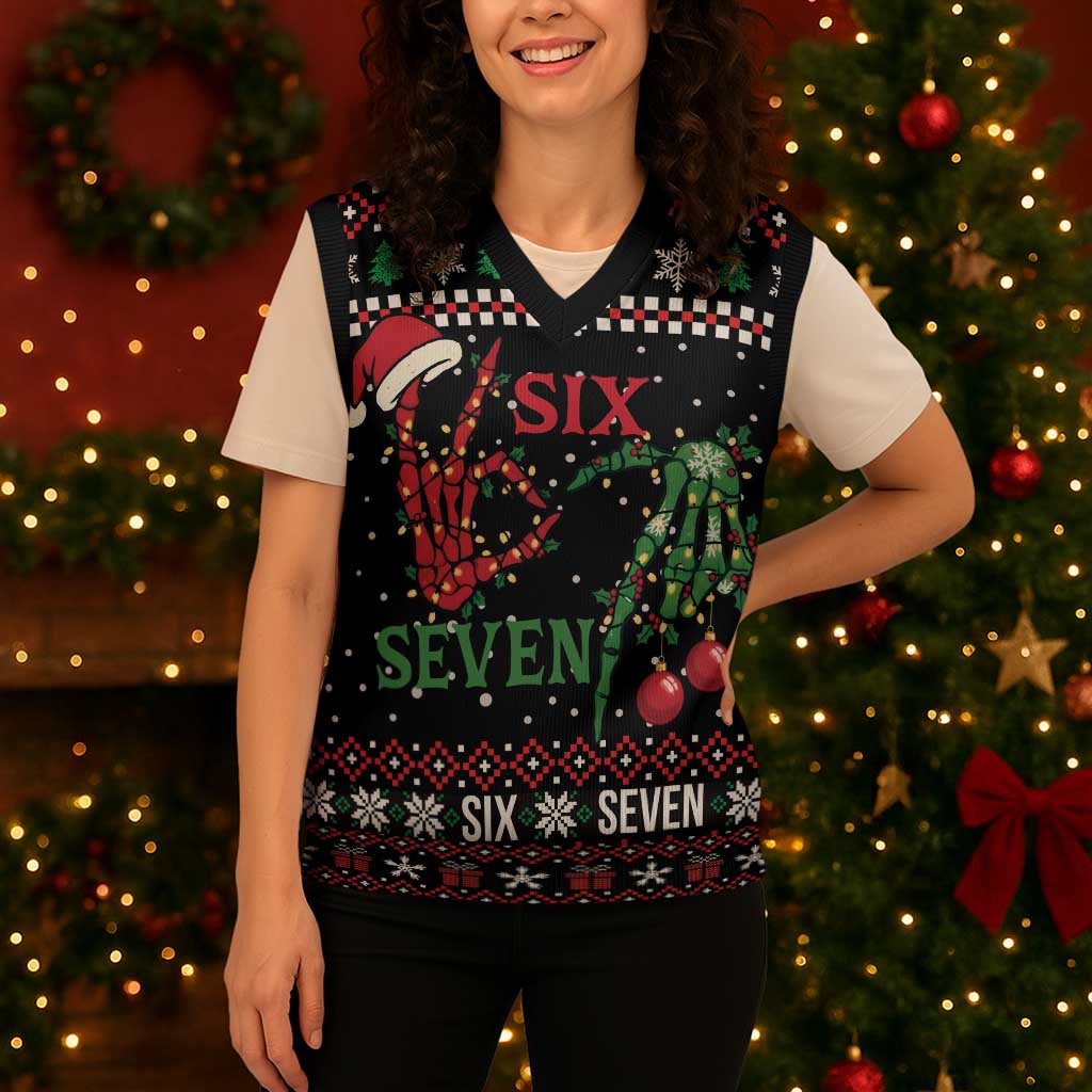 Funny Six Seven Skeleton Hand Christmas Knitted V-Neck Vest Meme Gen Alpha Slang - Wonder Print Shop