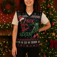 Funny Six Seven Skeleton Hand Christmas Knitted V-Neck Vest Meme Gen Alpha Slang - Wonder Print Shop
