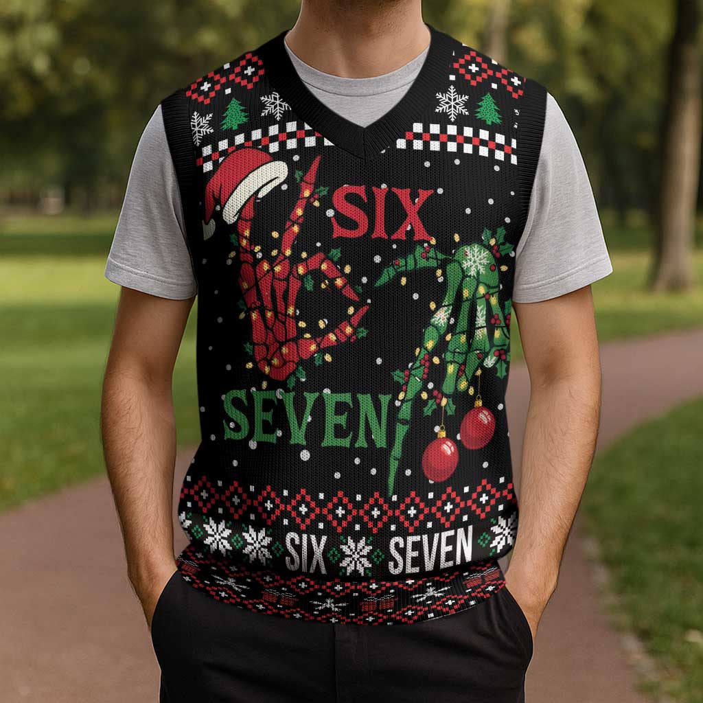 Funny Six Seven Skeleton Hand Christmas Knitted V-Neck Vest Meme Gen Alpha Slang - Wonder Print Shop