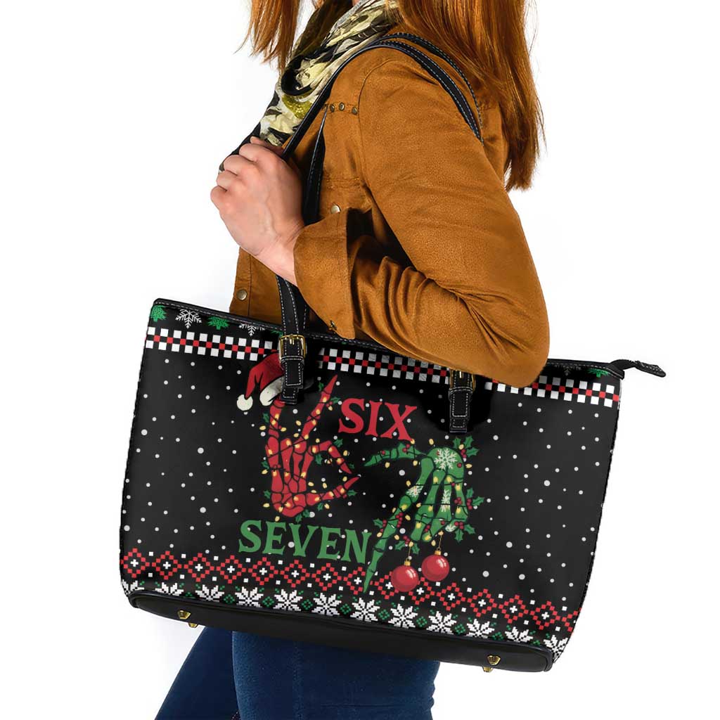 Funny Six Seven Skeleton Hand Leather Tote Bag Meme Gen Alpha Slang - Wonder Print Shop