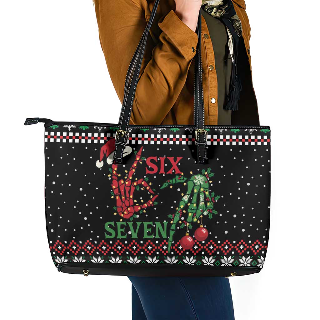 Funny Six Seven Skeleton Hand Leather Tote Bag Meme Gen Alpha Slang - Wonder Print Shop
