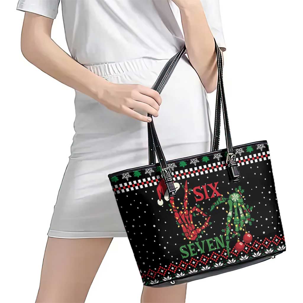 Funny Six Seven Skeleton Hand Leather Tote Bag Meme Gen Alpha Slang - Wonder Print Shop