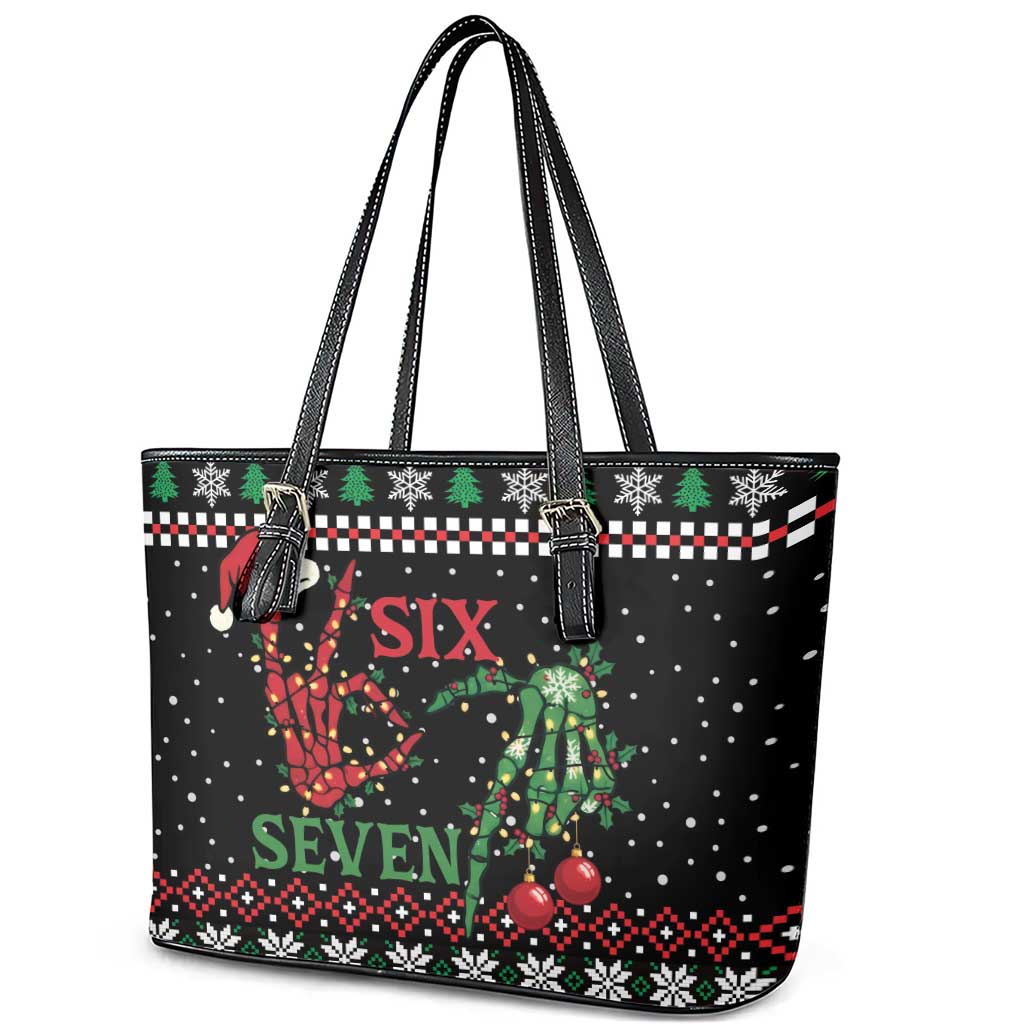 Funny Six Seven Skeleton Hand Leather Tote Bag Meme Gen Alpha Slang - Wonder Print Shop