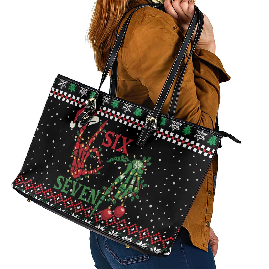 Funny Six Seven Skeleton Hand Leather Tote Bag Meme Gen Alpha Slang - Wonder Print Shop