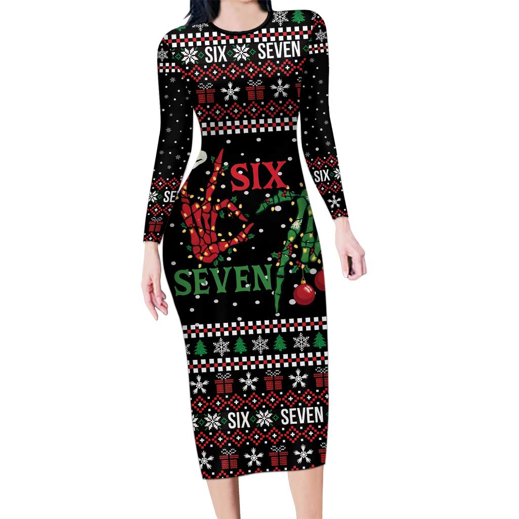Funny Six Seven Skeleton Hand Long Sleeve Bodycon Dress Meme Gen Alpha Slang - Wonder Print Shop