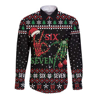 Funny Six Seven Skeleton Hand Long Sleeve Button Shirt Meme Gen Alpha Slang - Wonder Print Shop