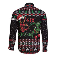 Funny Six Seven Skeleton Hand Long Sleeve Button Shirt Meme Gen Alpha Slang - Wonder Print Shop