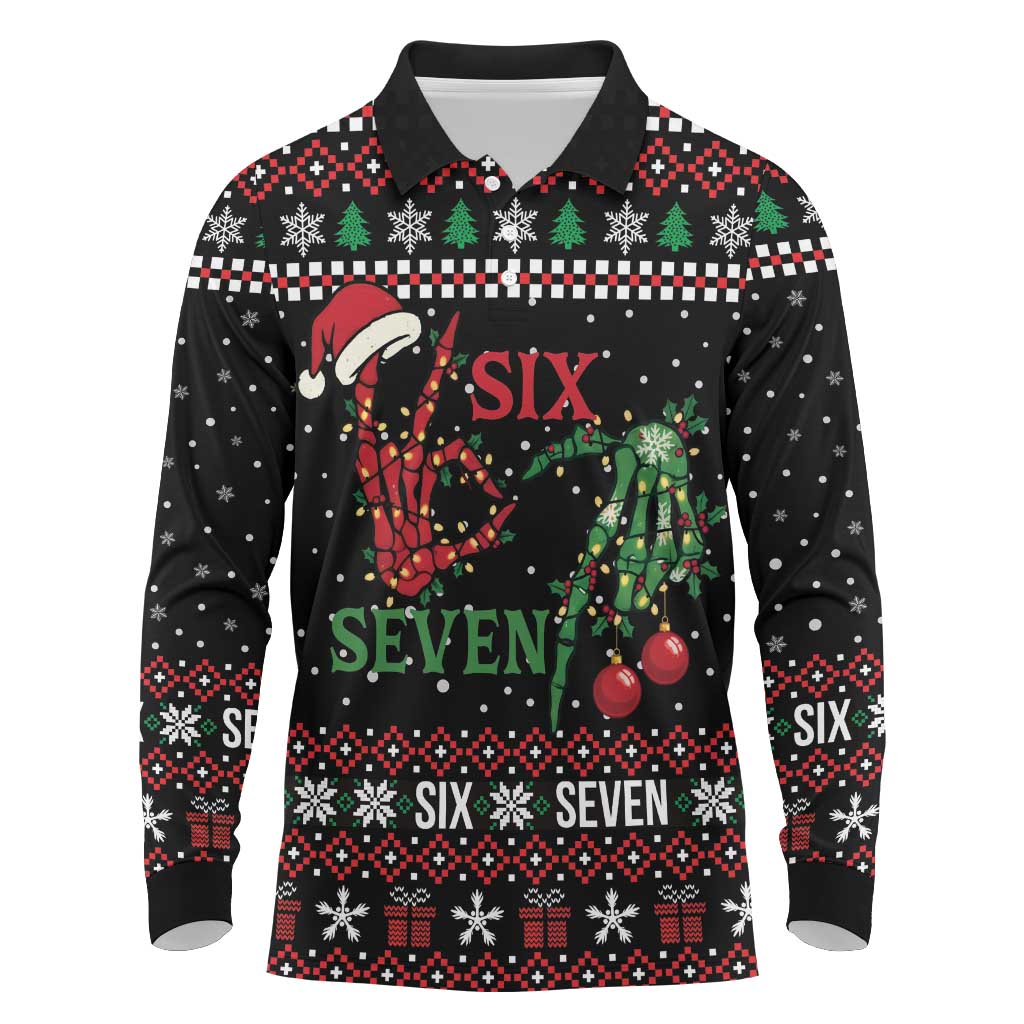 Funny Six Seven Skeleton Hand Long Sleeve Polo Shirt Meme Gen Alpha Slang - Wonder Print Shop