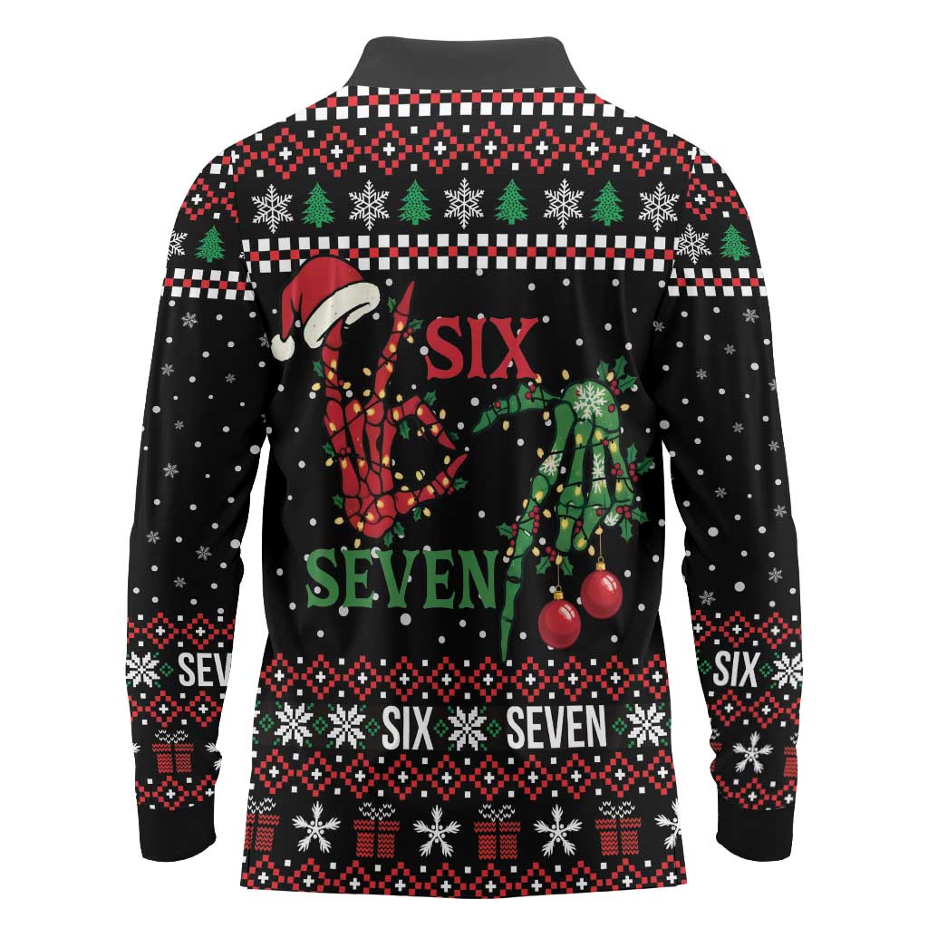 Funny Six Seven Skeleton Hand Long Sleeve Polo Shirt Meme Gen Alpha Slang - Wonder Print Shop