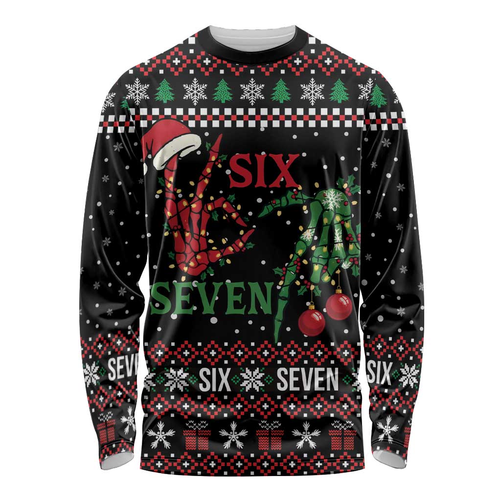Funny Six Seven Skeleton Hand Long Sleeve Shirt Meme Gen Alpha Slang - Wonder Print Shop