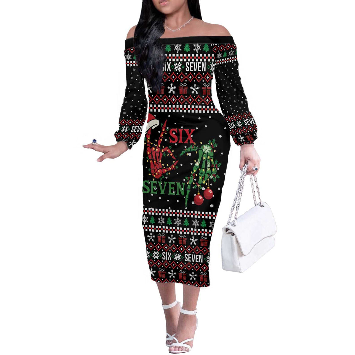 Funny Six Seven Skeleton Hand Off The Shoulder Long Sleeve Dress Meme Gen Alpha Slang - Wonder Print Shop