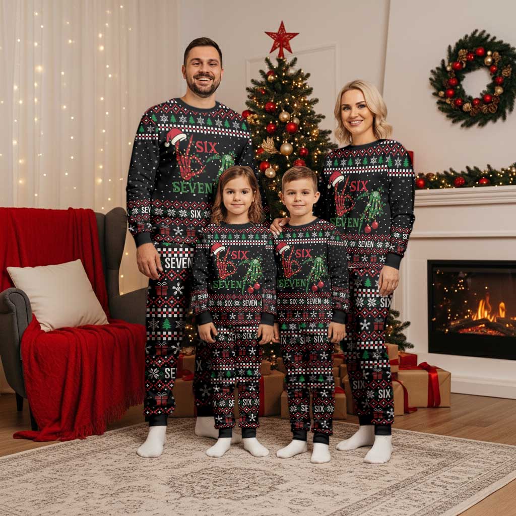 Funny Six Seven Skeleton Hand Christmas Pajama Set Meme Gen Alpha Slang - Wonder Print Shop