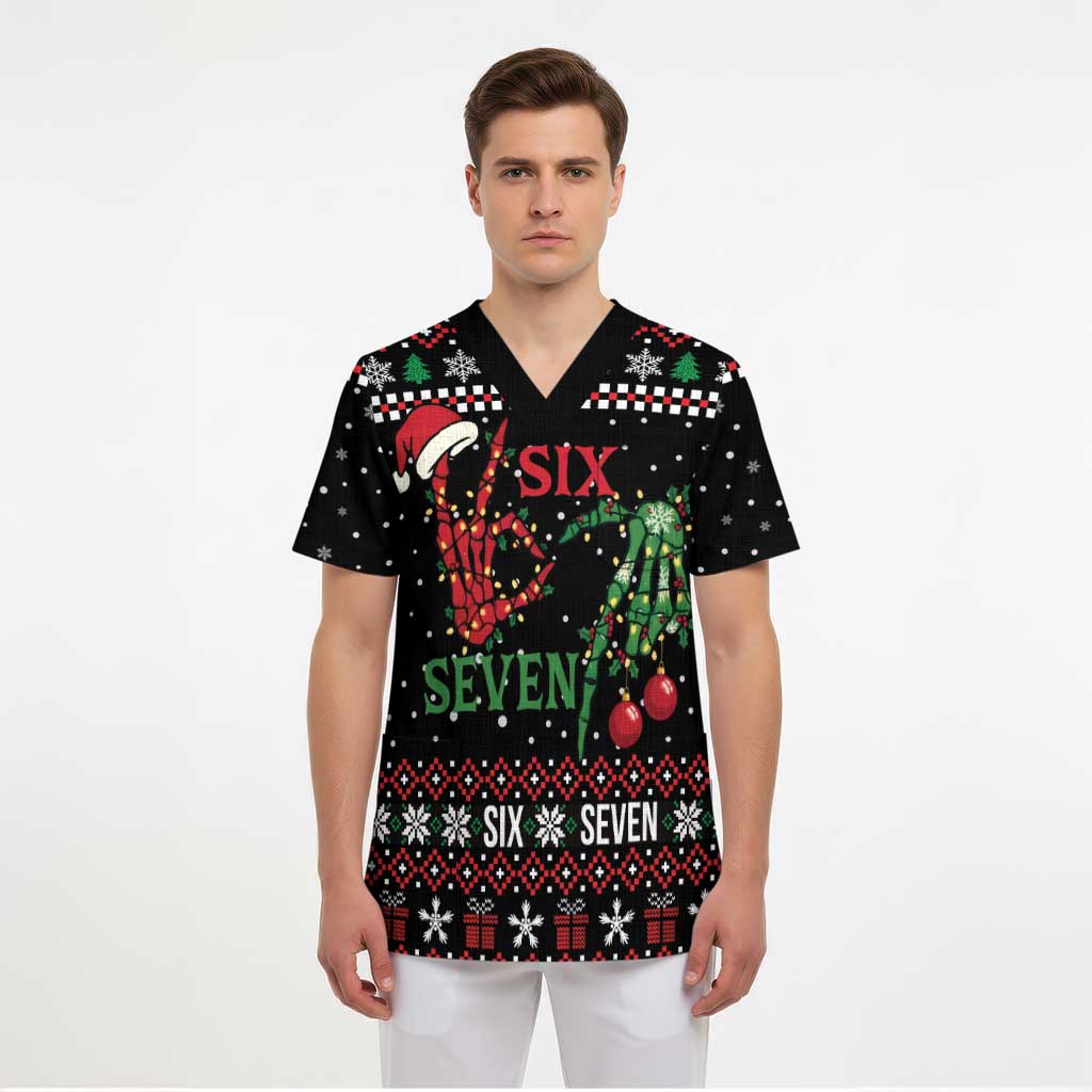 Funny Six Seven Skeleton Hand Scrub Top Meme Gen Alpha Slang - Wonder Print Shop