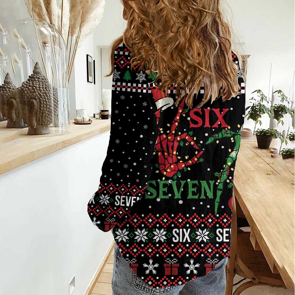 Funny Six Seven Skeleton Hand Women Casual Shirt Meme Gen Alpha Slang - Wonder Print Shop