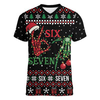 Funny Six Seven Skeleton Hand Women V-Neck T-Shirt Meme Gen Alpha Slang - Wonder Print Shop