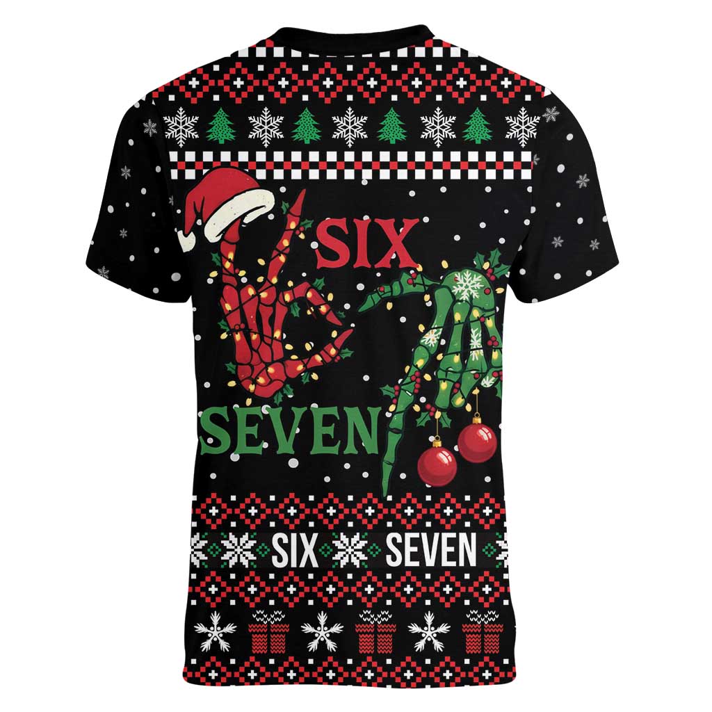Funny Six Seven Skeleton Hand Women V-Neck T-Shirt Meme Gen Alpha Slang - Wonder Print Shop