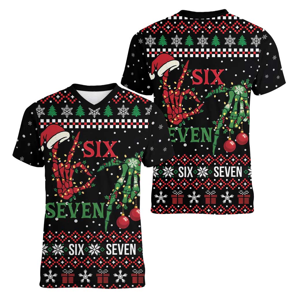 Funny Six Seven Skeleton Hand Women V-Neck T-Shirt Meme Gen Alpha Slang - Wonder Print Shop