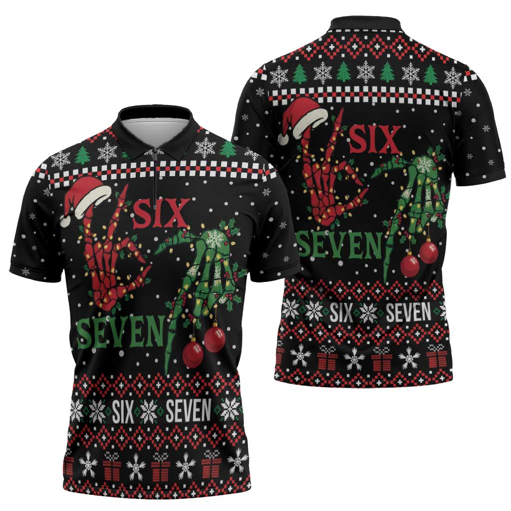 Funny Six Seven Skeleton Hand Zipper Polo Shirt Meme Gen Alpha Slang - Wonder Print Shop