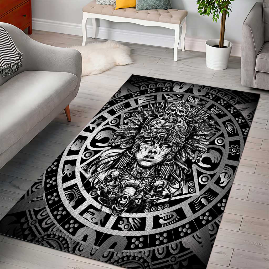 Mexico Aztec Warrior Goddess Area Rug Aztec Skull Tribal Calender Silver Spirit - Wonder Print Shop