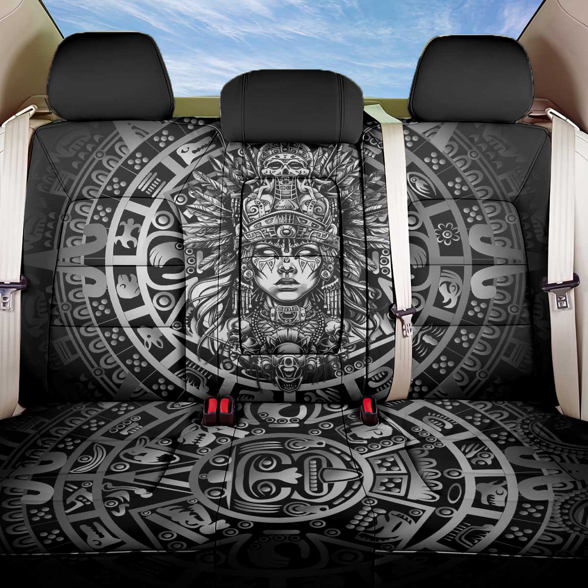 Mexico Aztec Warrior Goddess Back Car Seat Cover Aztec Skull Tribal Calender Silver Spirit - Wonder Print Shop