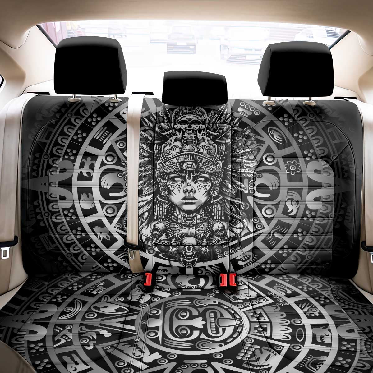 Mexico Aztec Warrior Goddess Back Car Seat Cover Aztec Skull Tribal Calender Silver Spirit - Wonder Print Shop