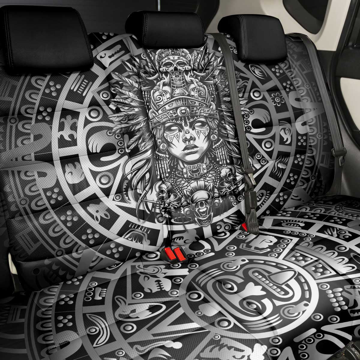Mexico Aztec Warrior Goddess Back Car Seat Cover Aztec Skull Tribal Calender Silver Spirit - Wonder Print Shop
