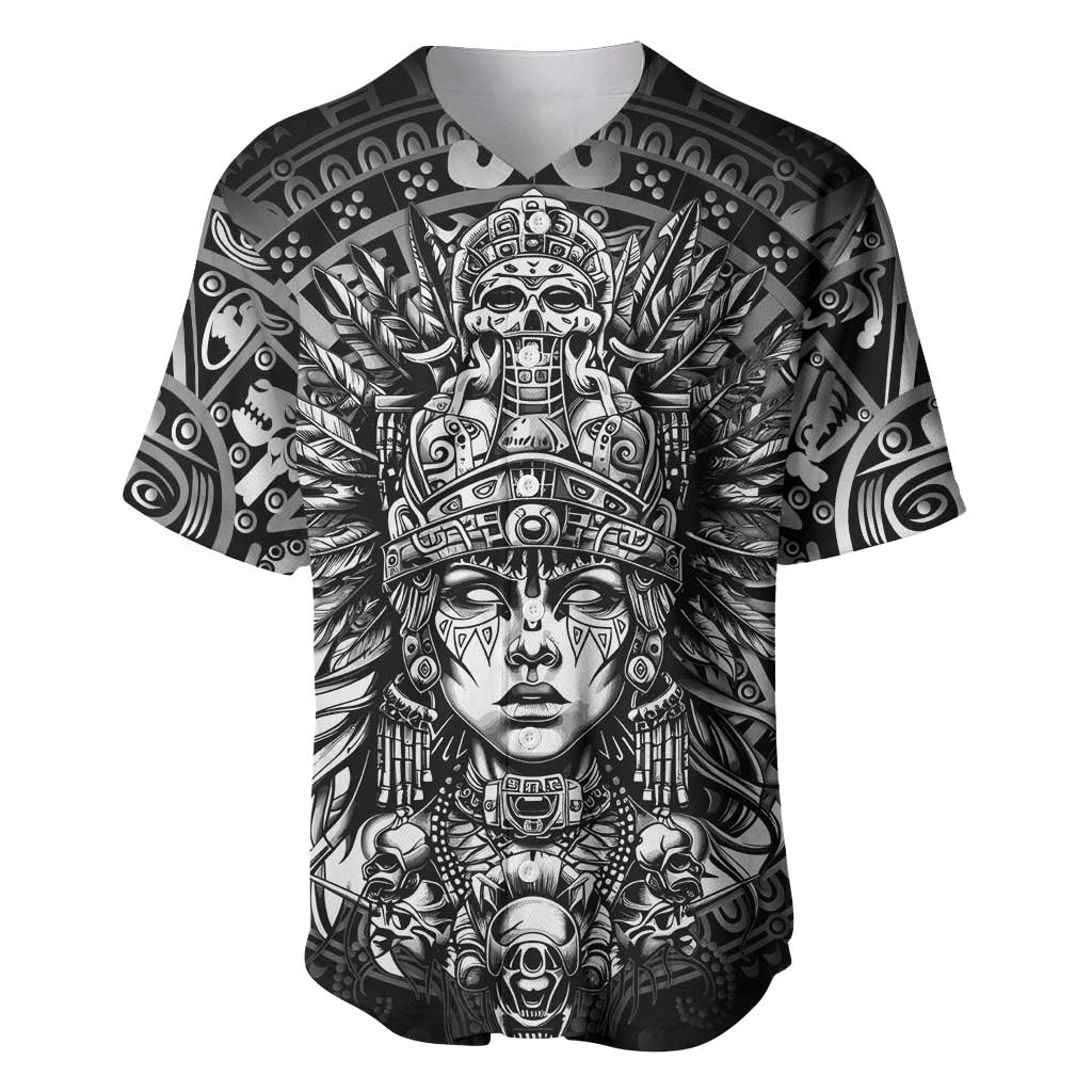 Mexico Aztec Warrior Goddess Baseball Jersey Aztec Skull Tribal Calender Silver Spirit - Wonder Print Shop