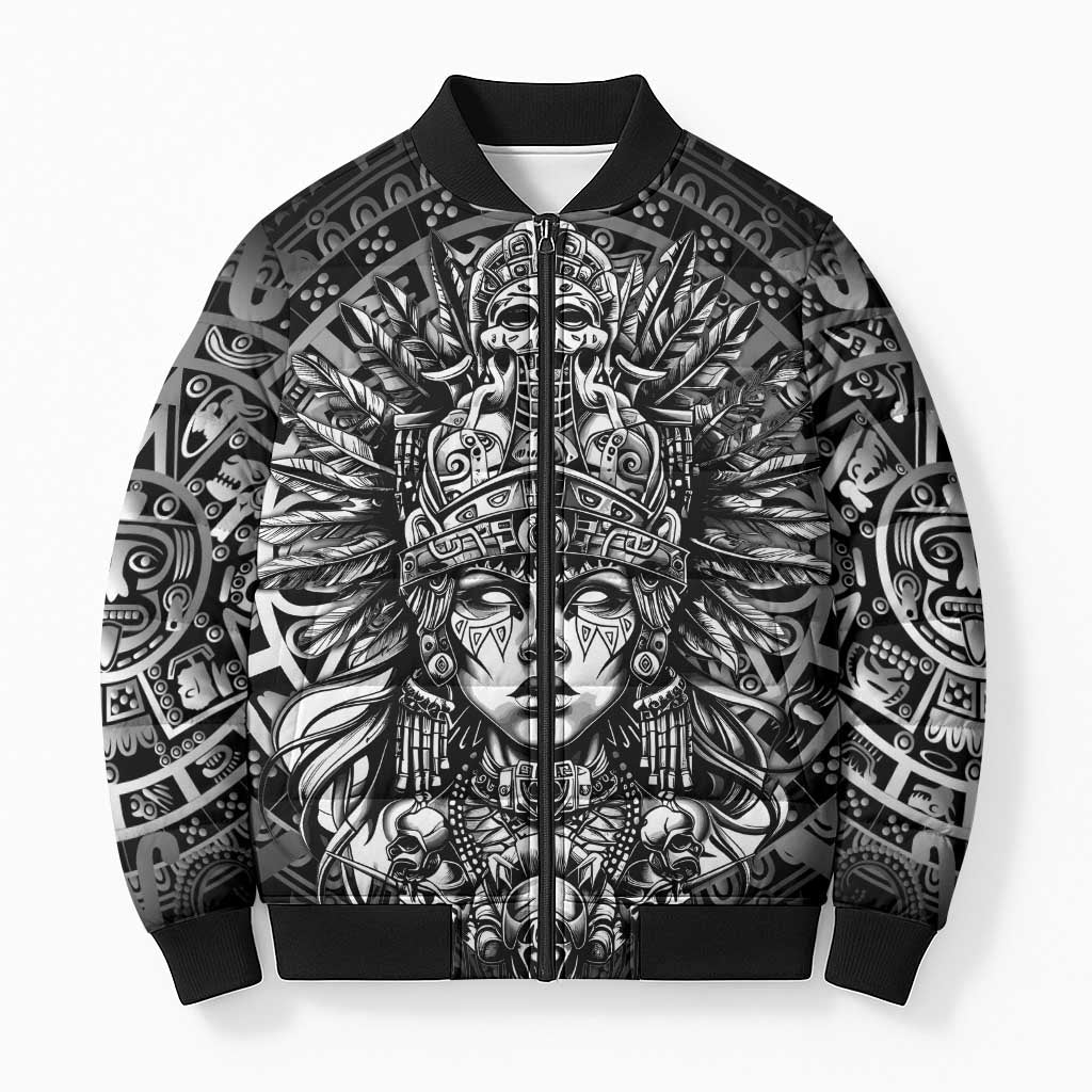 Mexico Aztec Warrior Goddess Bomber Puffer Jacket Aztec Skull Tribal Calender Silver Spirit - Wonder Print Shop