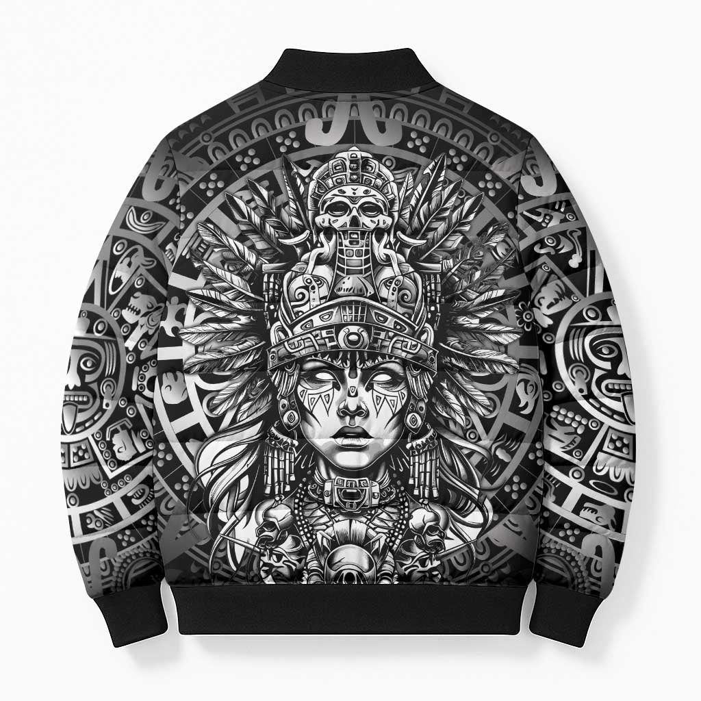 Mexico Aztec Warrior Goddess Bomber Puffer Jacket Aztec Skull Tribal Calender Silver Spirit - Wonder Print Shop