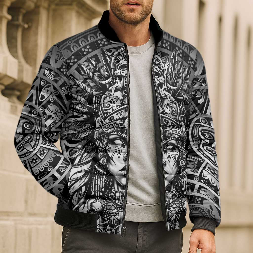 Mexico Aztec Warrior Goddess Bomber Puffer Jacket Aztec Skull Tribal Calender Silver Spirit - Wonder Print Shop