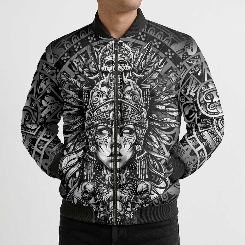 Mexico Aztec Warrior Goddess Bomber Puffer Jacket Aztec Skull Tribal Calender Silver Spirit - Wonder Print Shop