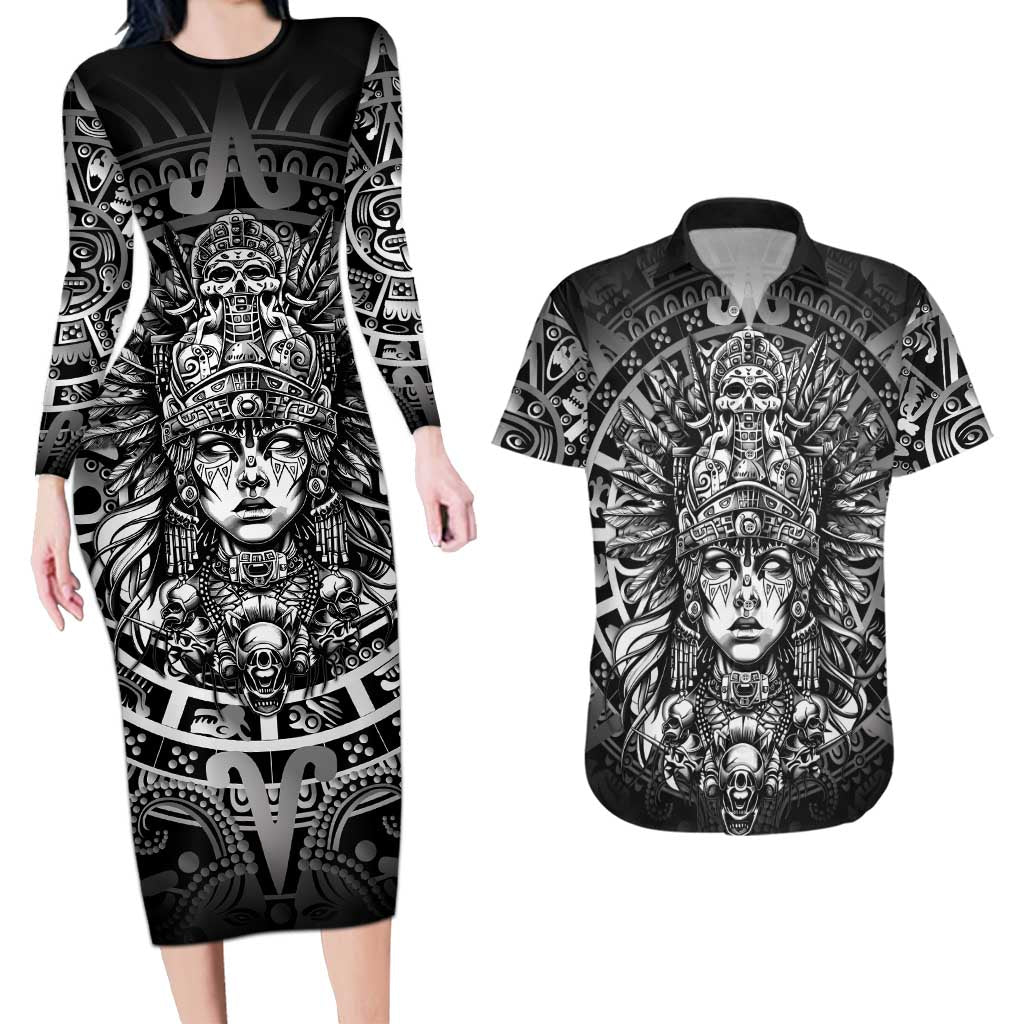 Mexico Aztec Warrior Goddess Couples Matching Long Sleeve Bodycon Dress and Hawaiian Shirt Aztec Skull Tribal Calender Silver Spirit - Wonder Print Shop
