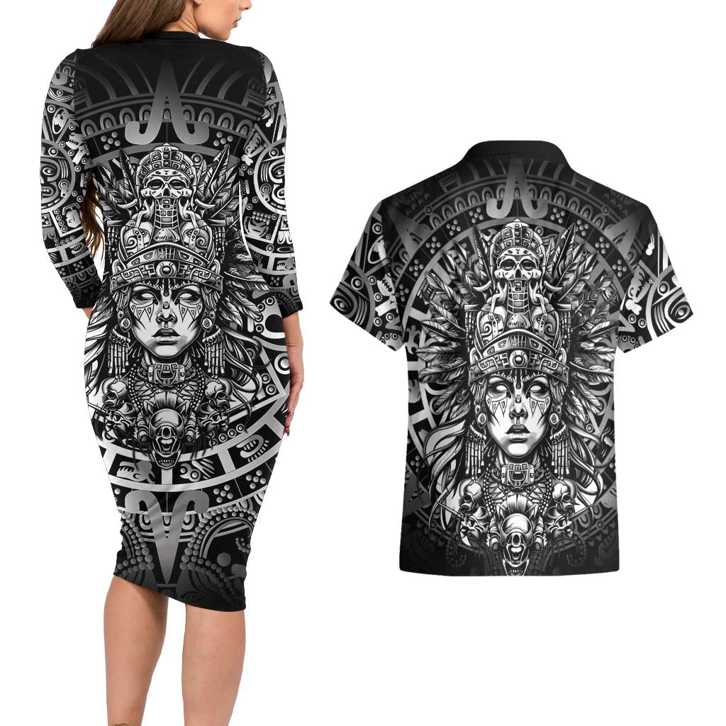 Mexico Aztec Warrior Goddess Couples Matching Long Sleeve Bodycon Dress and Hawaiian Shirt Aztec Skull Tribal Calender Silver Spirit - Wonder Print Shop