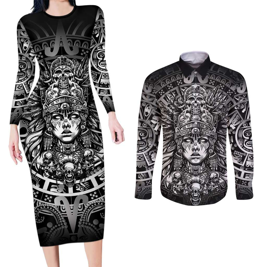 Mexico Aztec Warrior Goddess Couples Matching Long Sleeve Bodycon Dress and Long Sleeve Button Shirt Aztec Skull Tribal Calender Silver Spirit - Wonder Print Shop