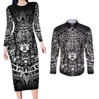 Mexico Aztec Warrior Goddess Couples Matching Long Sleeve Bodycon Dress and Long Sleeve Button Shirt Aztec Skull Tribal Calender Silver Spirit - Wonder Print Shop