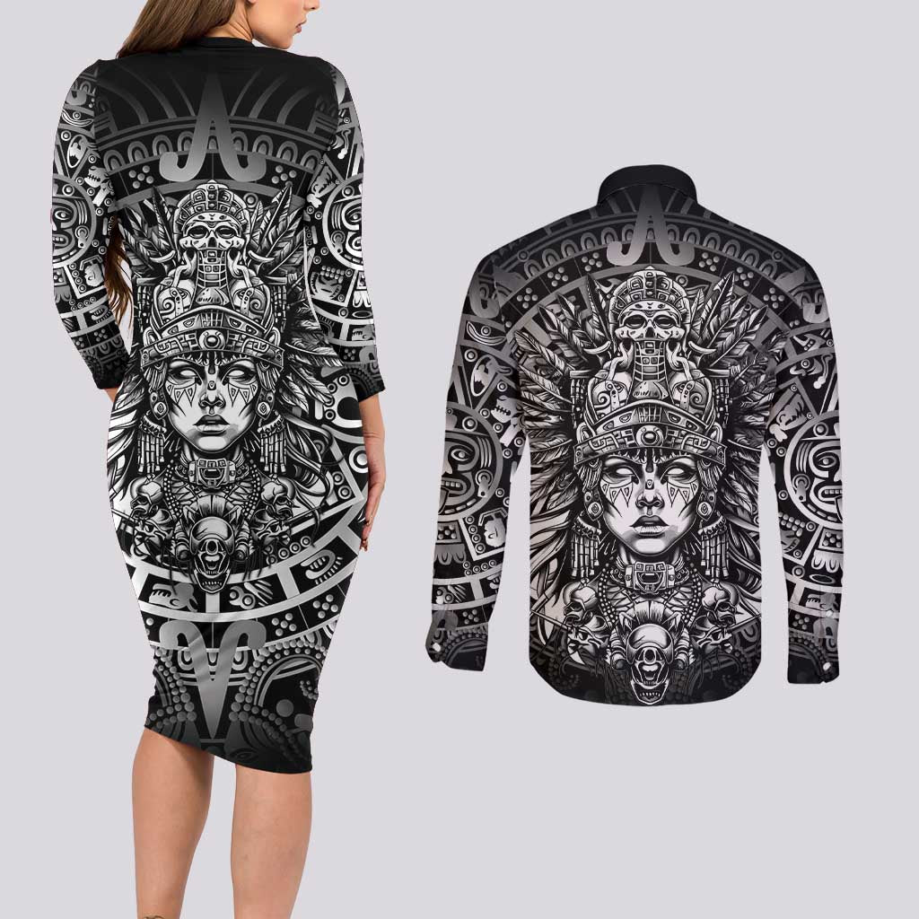 Mexico Aztec Warrior Goddess Couples Matching Long Sleeve Bodycon Dress and Long Sleeve Button Shirt Aztec Skull Tribal Calender Silver Spirit - Wonder Print Shop